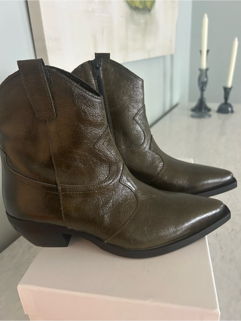 Women's Pointed Toe Western Ankle Boots - Olive Green